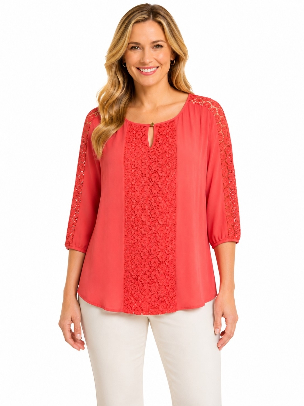 Dana Buchman Coral Lace-Panel 3/4 Sleeve Top NWT